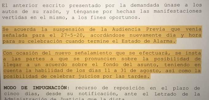 Nos hacen llegar una notificación "curiosa". Un Juzgado suspende un señalamiento e "invita" a llegar a un acuerdo "teniendo en cuenta la habilidad de los días 11 a 31 de agosto, así como la posibilidad de celebrar juicios por las tardes". ¿Qué os parece?