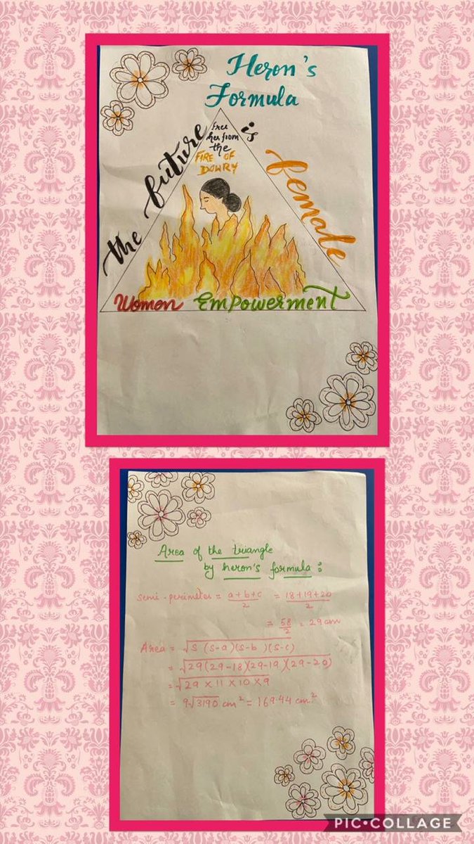RichaKalra7's tweet photo. Who says studying Maths can be boring? 
Students of Grade9 @cambridge_jal  have shown their creativity and Mathematical skills by making poster on social issue and Solved #Area of triangle using #HeronsFormula #IntegratingMathsWithArt
@cbseindia29  @VijayIndrSingla @DrRPNishank https://t.co/chG5K6BrXz