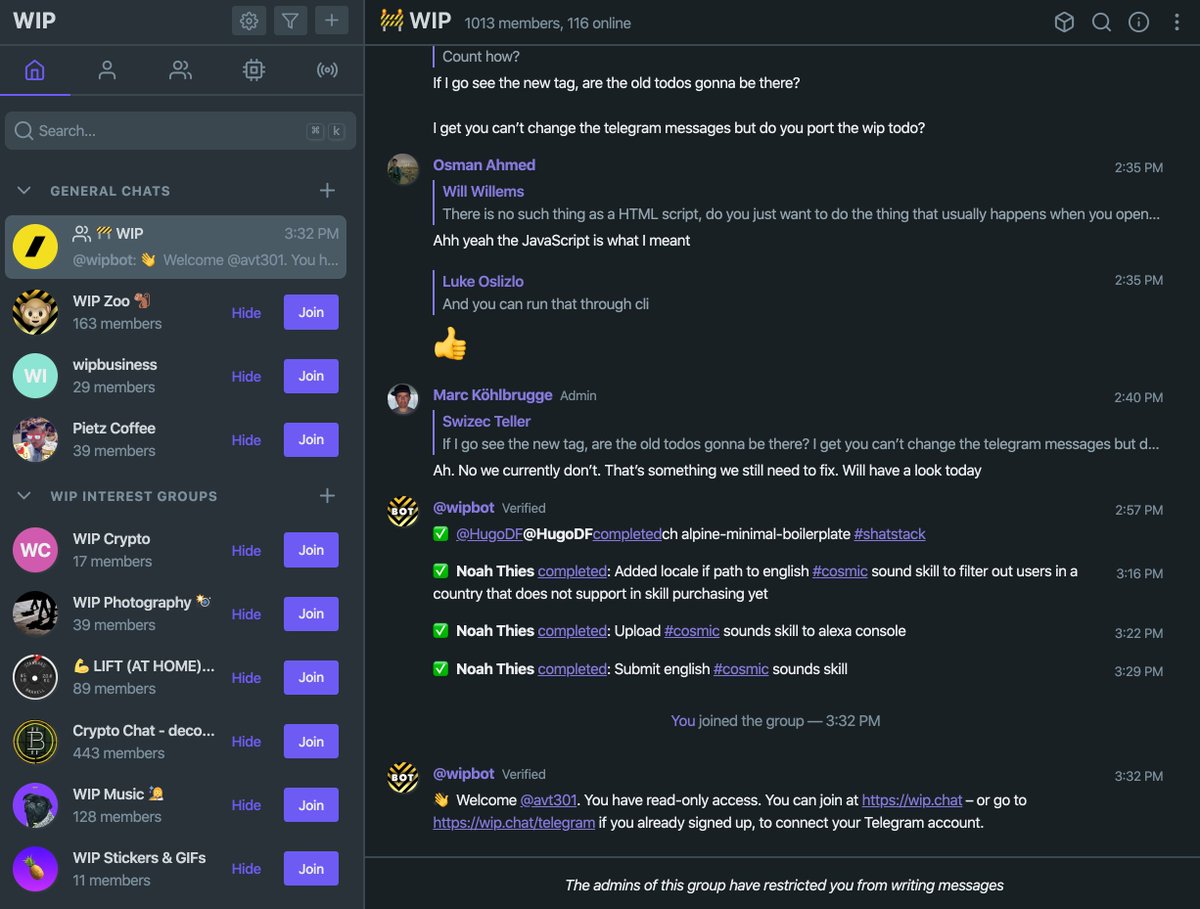 We put together an example Telefuel community workspace for <a href="/wip/">🚧 WIP</a>'s community, consisting of several <a href="/telegram/">Telegram Messenger</a> chats 😎

Check it out: telefuel.com/join/2032f217a…

cc: <a href="/marckohlbrugge/">Marc Köhlbrugge</a> <a href="/levelsio/">@levelsio</a>