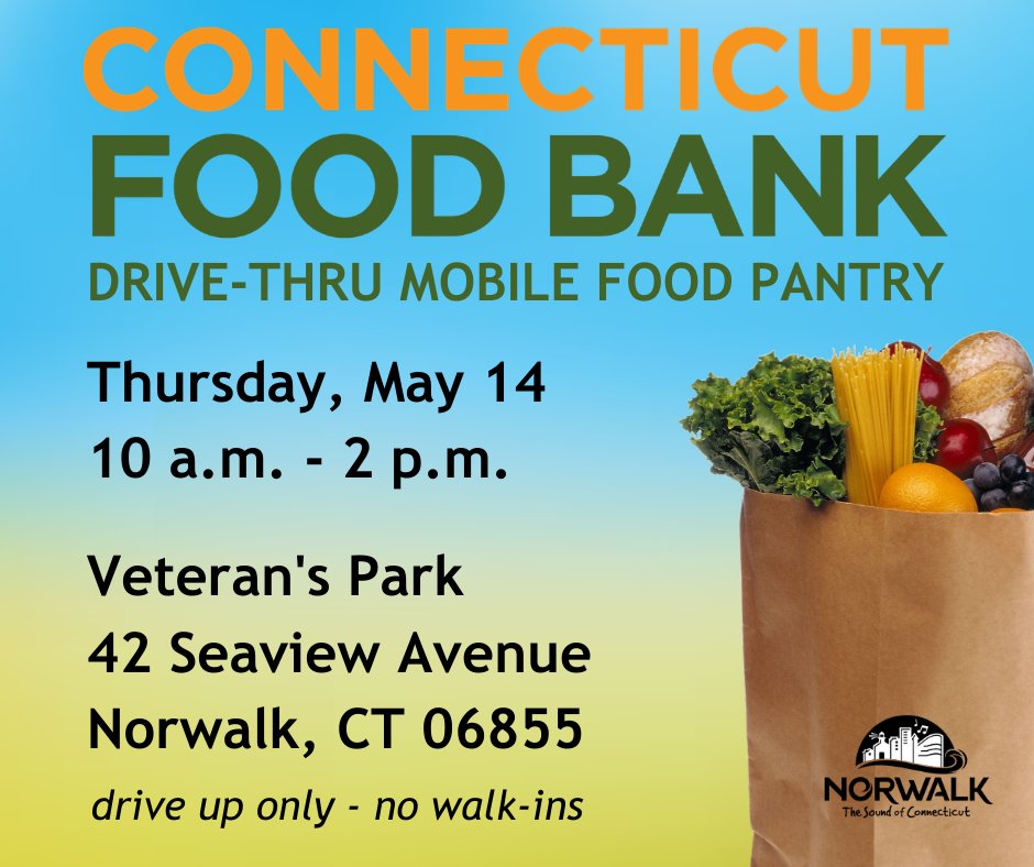 Norwalk! @CTFoodBank will be here tomorrow to distribute food 10 am - 2 pm at Vets Park. This is DRIVE UP ONLY - no walk-ins. Please do not get out of the vehicle as volunteers will place grocery bags into the trunk. This food distribution is open to all - no questions asked.