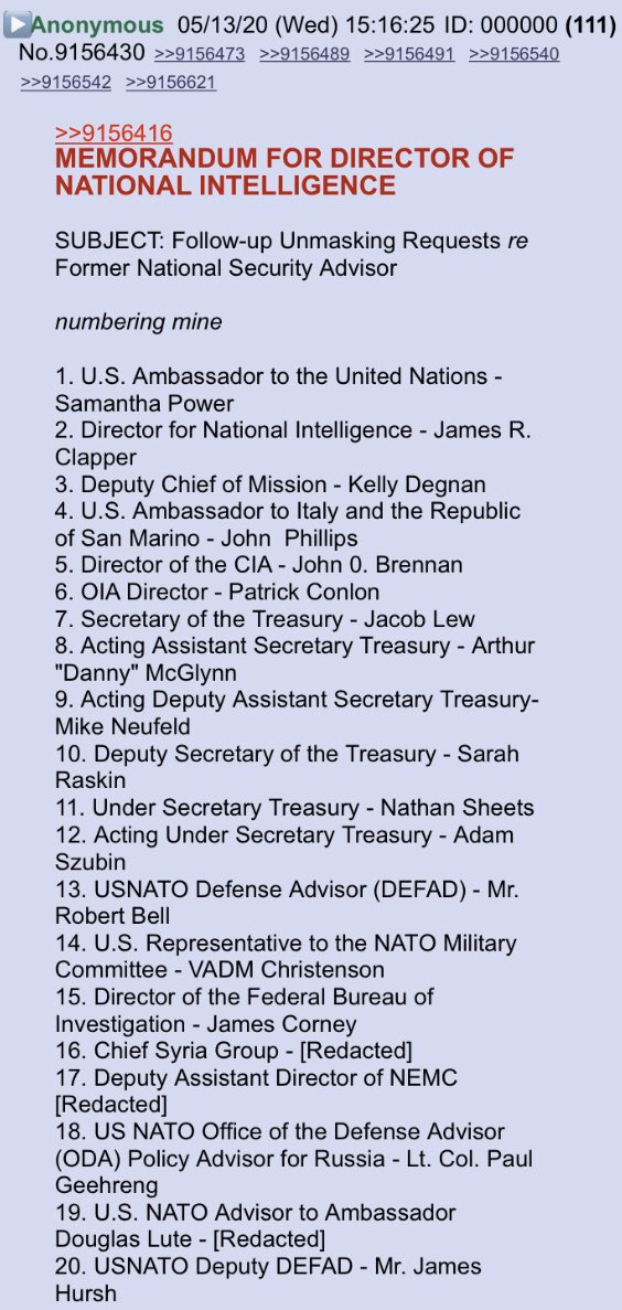 MEMORANDUM FOR DIRECTOR OF NATIONAL INTELLIGENCESUBJECT: Follow-up Unmasking Requests re Former National Security Advisor!!Anon posts related to unmasking of  @GenFlynn  #QAnon  #Unmasking  #ObamaGate  #BidenKnew  #ObamaKnew  @realDonaldTrump 1).