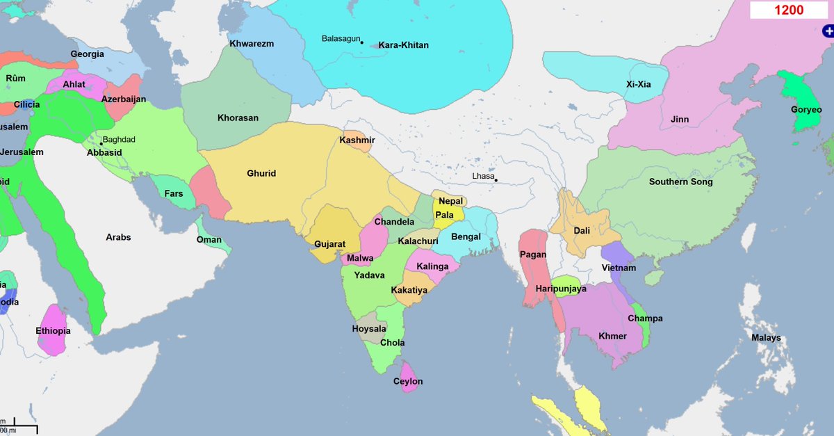 1200 ADGhaznavids collapse. Ghurids take their place. Muslim rule of India now starts taking its roots and shape. West Indic, East Indic (Sans Kashmir) and West Gangetic Kingdoms start collapsing.13/24