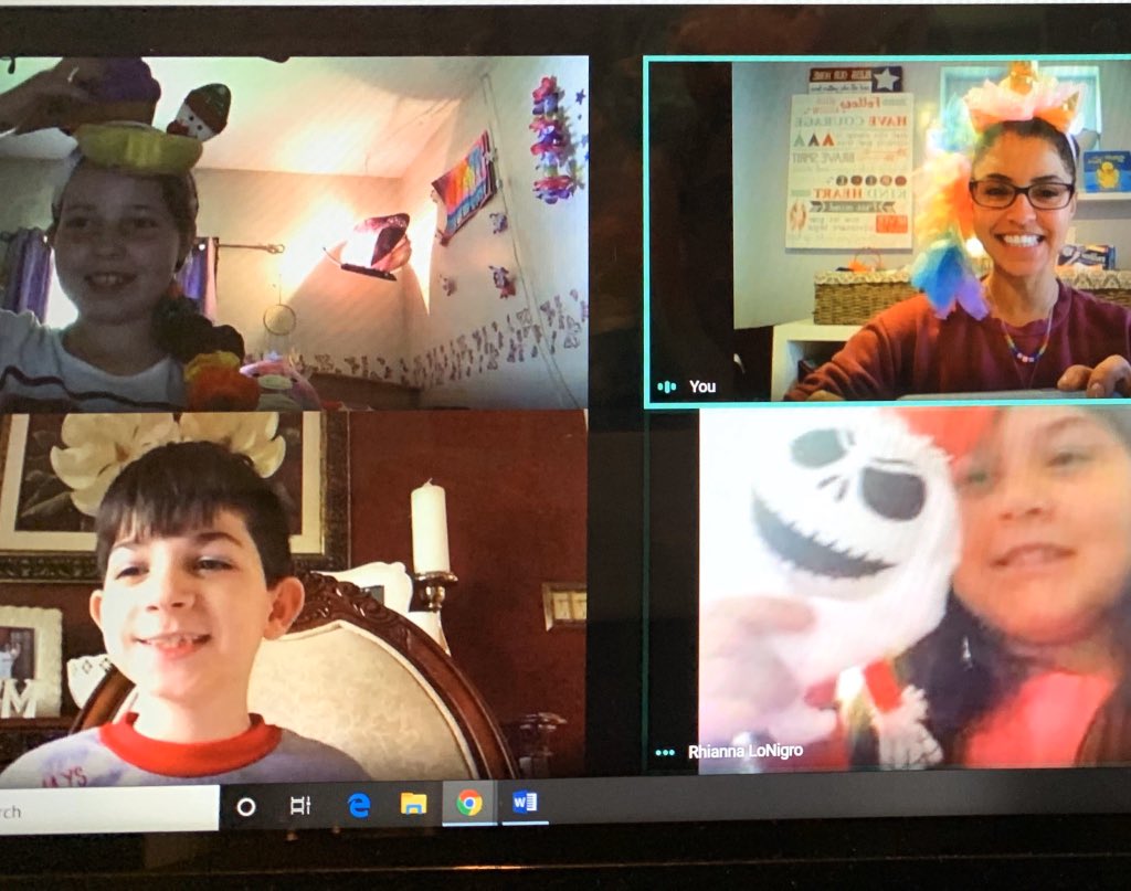 Pines4_4's tweet photo. Silly hat/hair day in our google meet today! #hpsdistancelearning #pinesproud @ClaudineDiMuzio https://t.co/pg2EkUxN5E