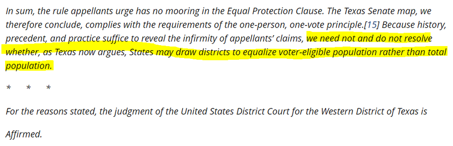 3. If you're wondering if it's legal to draw voting districts based on number of eligible voters rather than of all residents, the U.S. Supreme Court left that an open question back in 2016. From Justice  #RBG's majority opinion in Evenwel v. Abbott https://supreme.justia.com/cases/federal/us/578/14-940/#tab-opinion-3553740