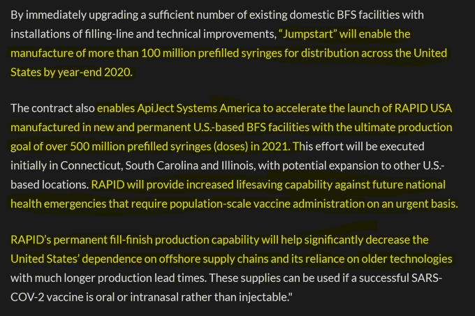 Why is the Dept of Defense partnering with Gates Foundation to make IOT trackable single injection vaccine vials?DOD + Gates = Apiject = 500million prefilled syringes by 2021 https://www.defense.gov/Newsroom/Releases/Release/Article/2184808/dod-awards-138-million-contract-enabling-prefilled-syringes-for-future-covid-19/Apiject insert:  https://www.dcvmn.org/IMG/pdf/2019_rommelag_vaccine_packaging_cpad_apiject_-blue_bklt_158-min_sm.pdf