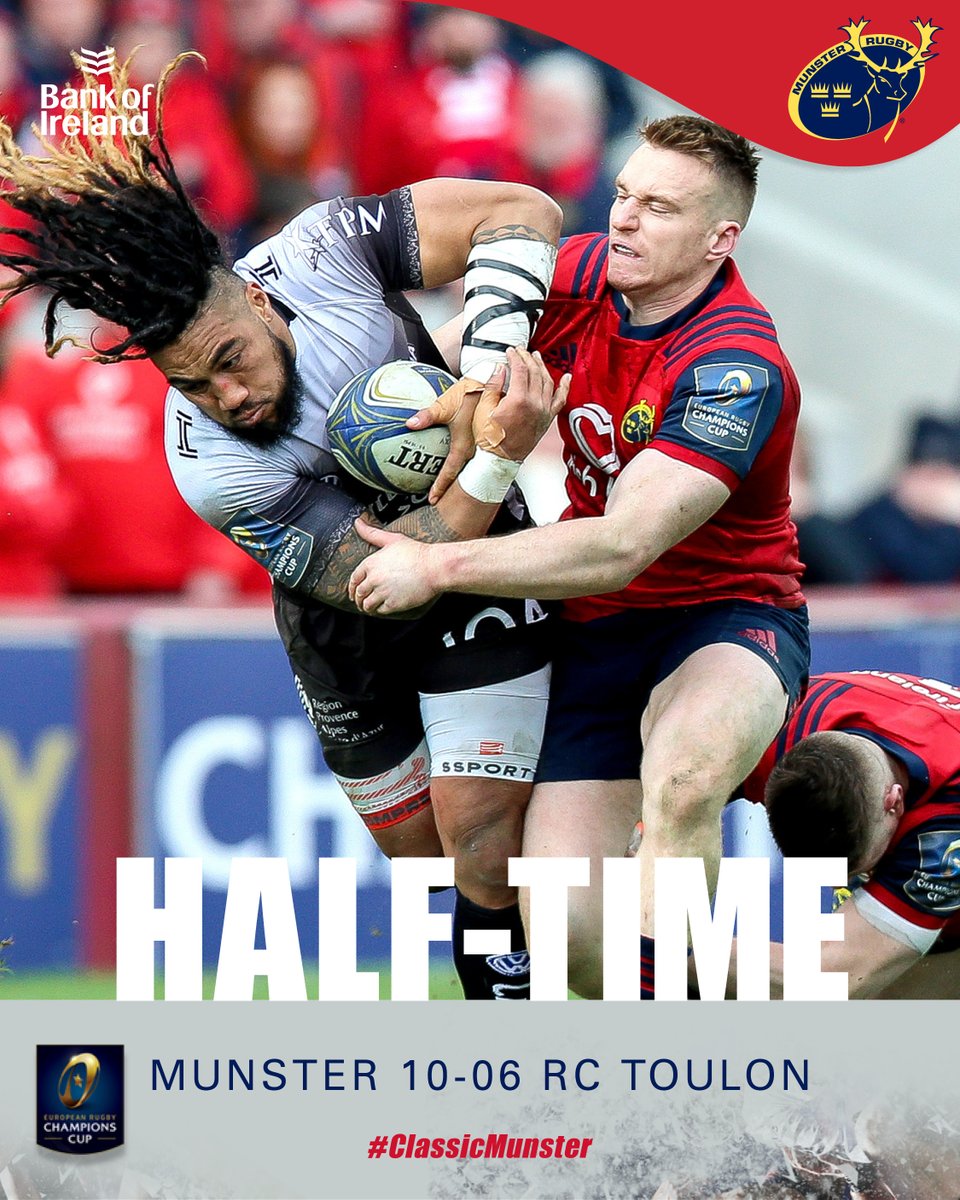 Munsterrugby's tweet photo. HALF-TIME: Munster 10-6 Toulon
This #HeinekenChampionsCup quarter-final is on a knife-edge at a packed @ThomondStadium!
The second half has just started โคต๏ธ
https://t.co/1FtXj6TSmF
#MUNvRCT #ClassicMunster #SUAF ๐ด https://t.co/1WWCZFZxPK