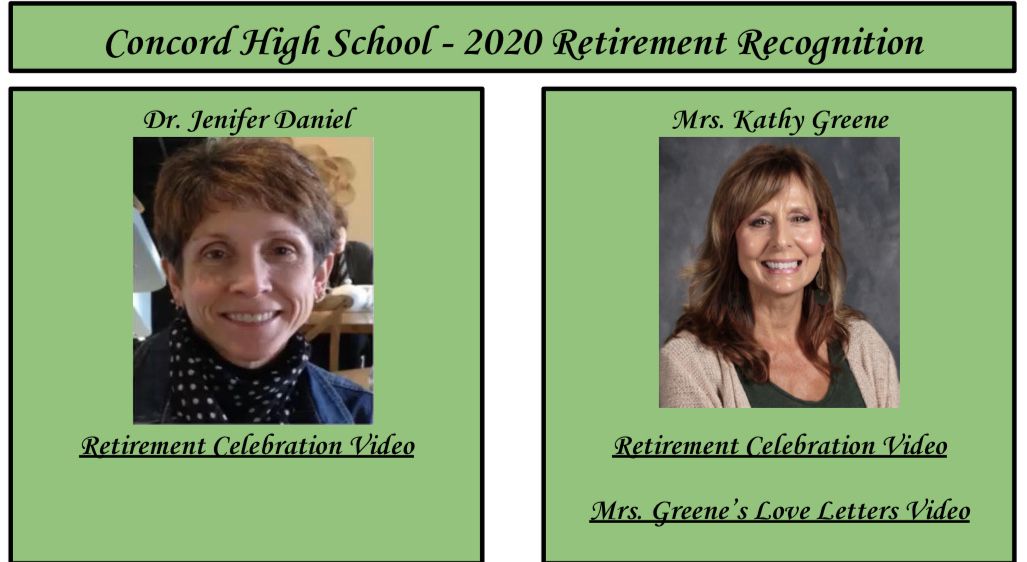 MinutemenCHS's tweet photo. Join us as we celebrate science teacher, Dr. Jenifer Daniel and English teacher, Mrs. Kathy Greene as we celebrate their retirement from teaching. Enjoy these heart felt videos (https://t.co/SStC5upep5) of love and admiration. We will miss you! #concordpride https://t.co/Fo3N9KLd08