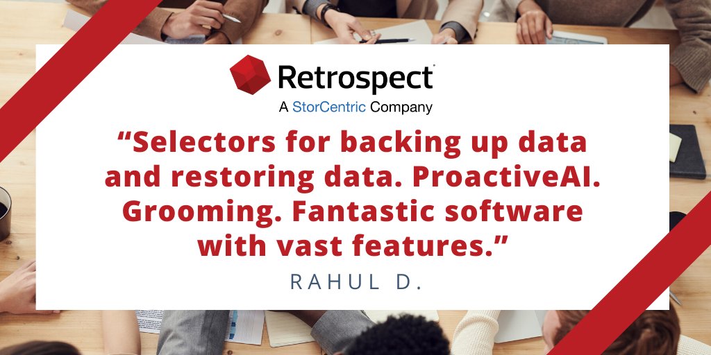 TheRetrospect1's tweet image. Users love Retrospect Backup for its easy ability to #restoredata with the click of a button and its #ProactiveAI feature. 
ProactiveAI uses #artificialintelligence to optimize the #backup window to ensure every source is protected as often as possible.