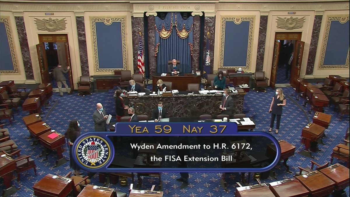 59-37: Senate narrowly defeats Wyden-Daines bipartisan amdt to FISA reauthorization bill to prevent law enforcement from collecting Internet web browsing and search history information without a warrant. 60 votes were needed.
