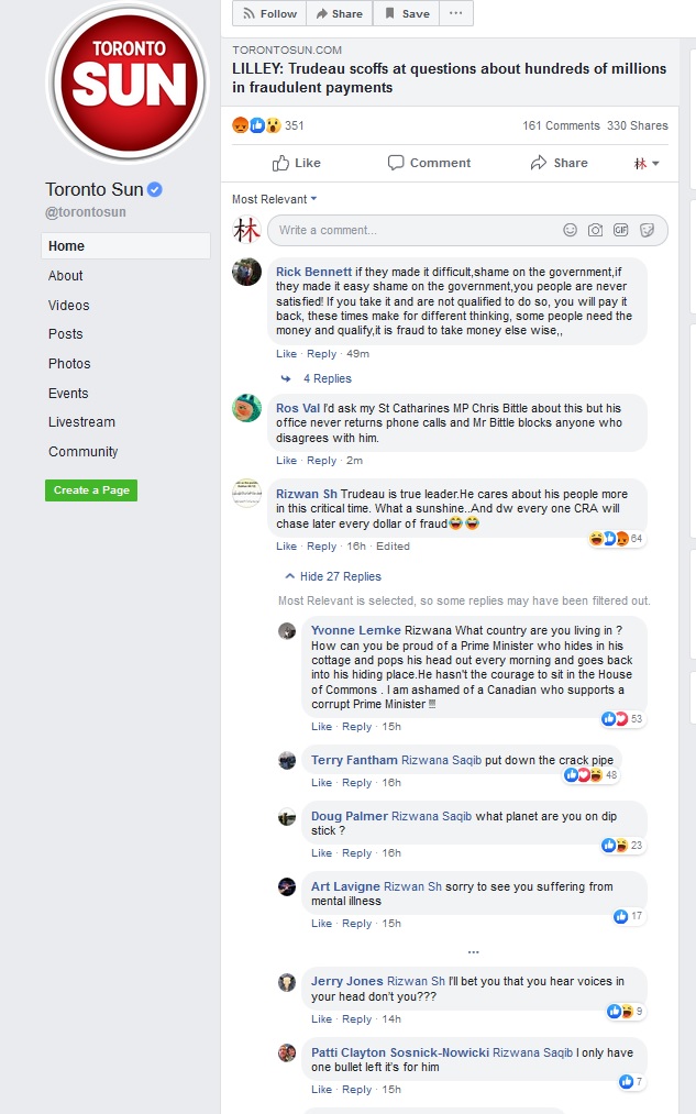 This comment is on the Toronto Sun Facebook Page if anyone wants to report it as well - see graphic - it is the last comment https://www.facebook.com/torontosun/ 