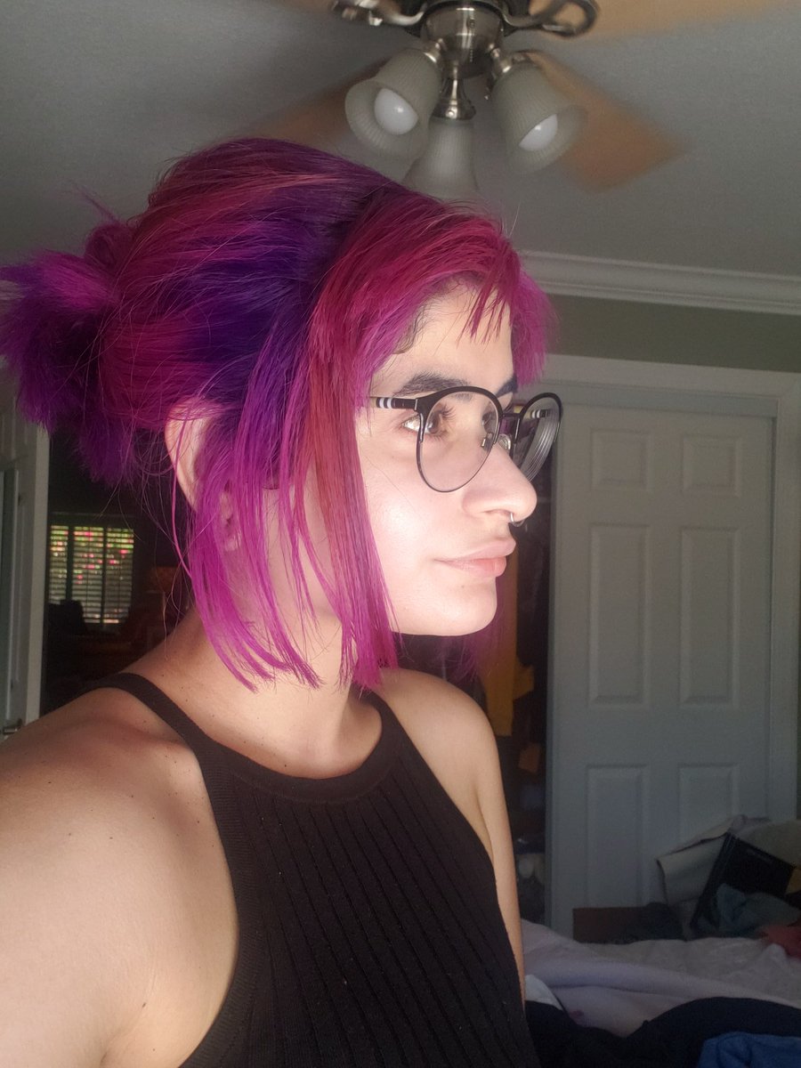 Hair thread: 5/24/2019 I went through a really bad breakup. 6/12/2019 I went to change my hair. I needed a huge change and we went from natural black hair to pink hair with purple roots! If you look close enough at my natural hair you can see the grey streak hidden in my bangs
