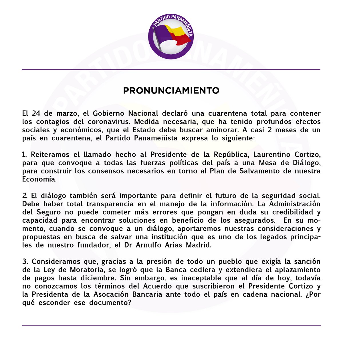 panamenistas's tweet photo. Sr. Presidente @NitoCortizo, reiteramos nuestro llamado a una mesa de dialogo permanente con todas las fuerzas políticas del país, no se puede seguir pasando por alto temas de importancia nacional. Sumamos a nuestro pronunciamiento propuestas para el rescate de la 
@CSSPanama https://t.co/WYA3Kqwym1