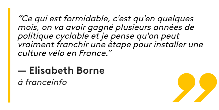 🇨🇵 "What is fantastic is that within a few months we'll have achieved a few years worth of cycling policy. I am convinced we can now introduce a genuine 🚴‍♀️🚴‍♂️ culture in France."

French Ecology &amp; Transport minister Elisabeth Borne