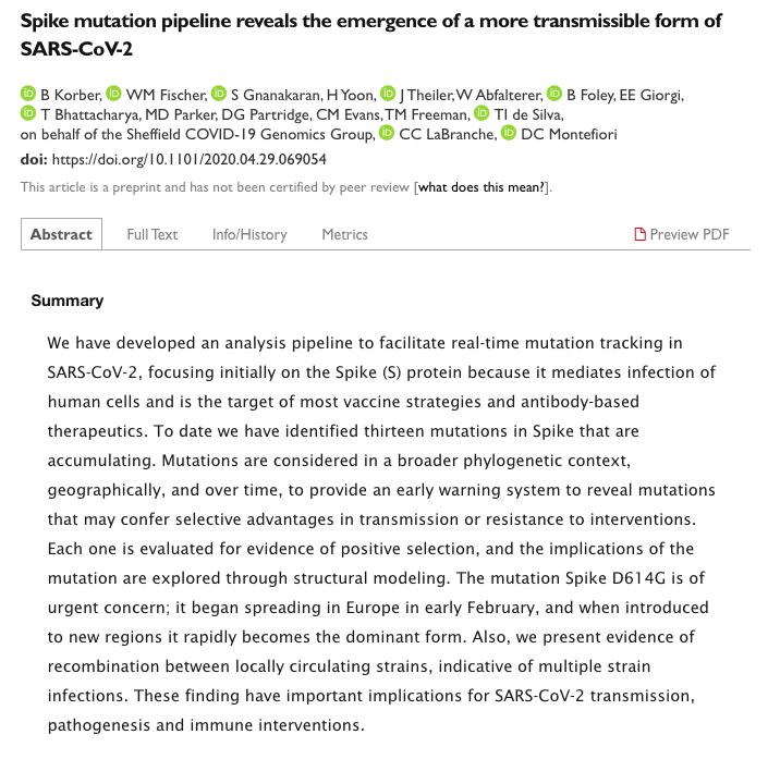 (2) A group of researchers prepublished their findings about the  #D614G mutation to the SARS-Cov-2 affecting the properties of the Spike protein that binds to host cell sites.