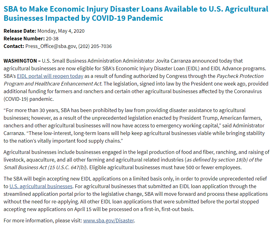 The <a href="/SBA/">SBA</a> has finally allowed #farmers to apply for Economic Injury Disaster Loan #EIDL.
It's very pleasing to see that also this category can benefit from the aid program. One of the most hardly hit by #COVID19, while fulfilling a primary need for all. covid19relief.sba.gov/#/