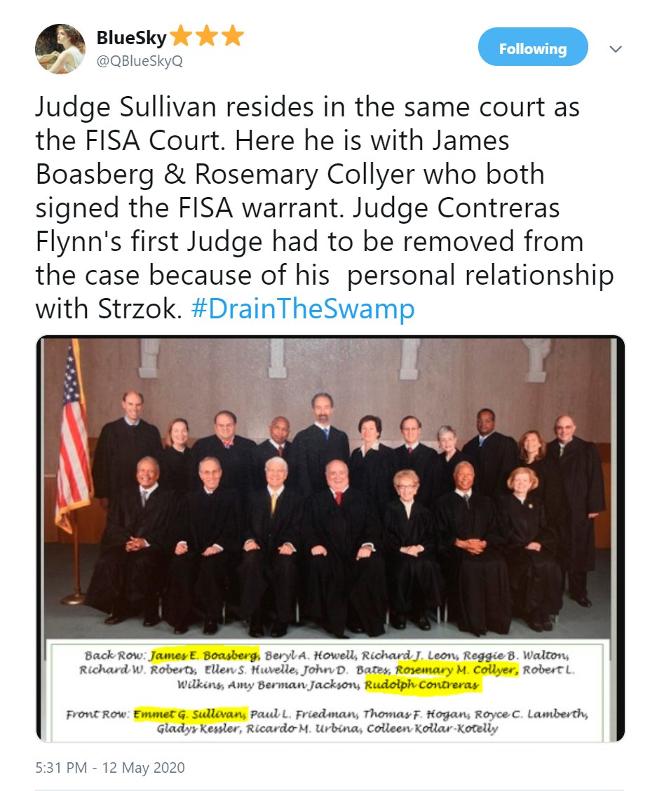 3)  @QBlueSkyQ found a photo of Judge Sullivan and FISA court judges Boasberg, Collyer, and Contreras.  https://twitter.com/QBlueSkyQ/status/1260366918223114240