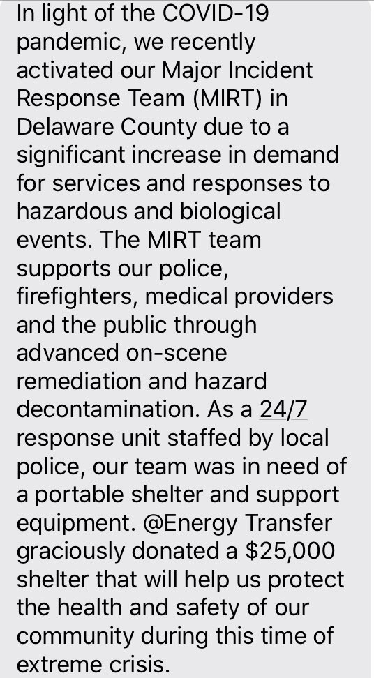 delcochiefs's tweet photo. Thank you @EnergyTransfer for donating a $25,000 Shelter that will help us protect the health and safety of our community during this time of extreme crisis. https://t.co/UQXHWZwx2L