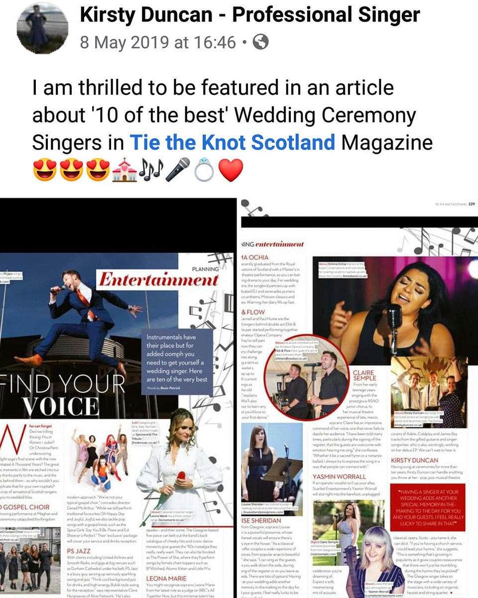 singerglasgow's tweet photo. A year ago I was featured in Tie The Knot Scotland 's Article about Wedding Ceremony Singers! ❤🎶❤🎶

Join me on Saturday for my Wedding Ceremony Music performance and Q&amp;A at 3pm on my page! 

https://t.co/OQhgPIXpjm https://t.co/tkmkGjS1qy