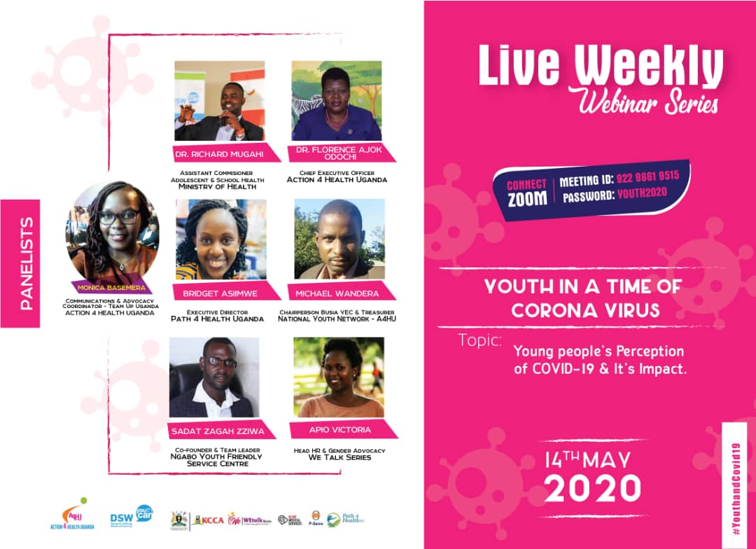 FriendzComunity's tweet photo. Join Action 4 Health Uganda in the 1st LIVE webinar dubbed YOUTH IN A TIME OF COVID-19.

When: THursday May 14, 2020 10:00 AM Nairobi.

Topic: Young people’s perception of COVID-I9 &amp; it's impact 

Register here:
https://t.co/RpCQLuxV5G 

#YouthandCOVID19
#COVID19UG https://t.co/IGdph2mAi2