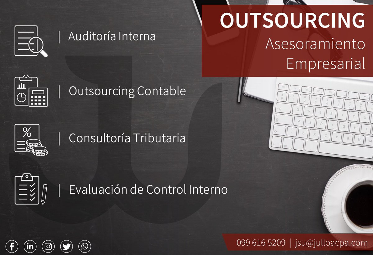 jsulloacpa's tweet photo. A través de nuestros servicios especializados de #Outsourcing brindamos a nuestros clientes asesoramiento empresarial integral para la gestión de procesos y mejoras en el desempeño de la organización.

✉️ jsu@julloacpa.com 
📞 099 616 5209
🌐 https://t.co/hZFsWB7wzO

#JSUlloaCPA https://t.co/VDRtnTrNqY