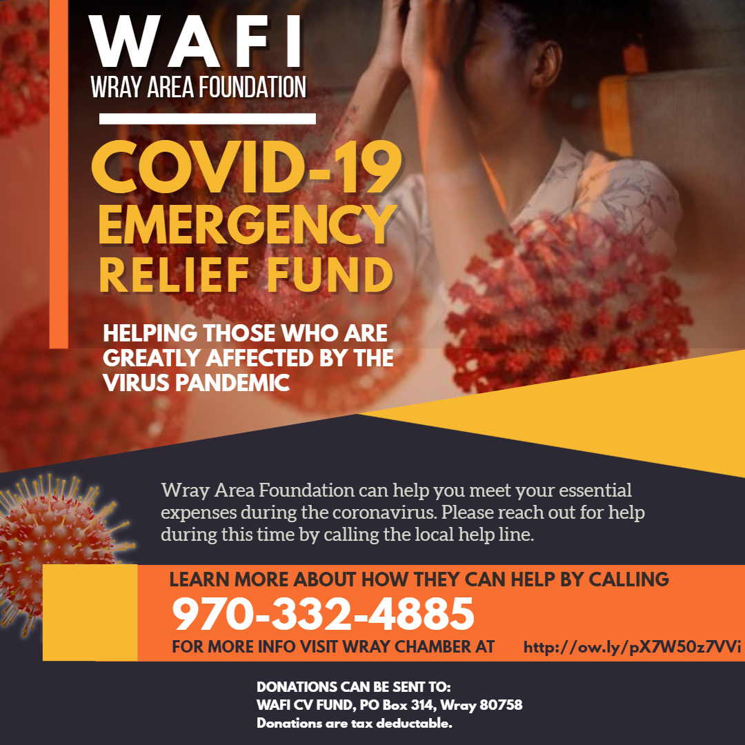 WrayChamber's tweet photo. Need help paying essential bills like utilities? Don't hesitate to reach out to WAFI (Wray Area Foundation Inc.).  They can help you navigate theses tough times by getting you caught up on essential bills thus helping those businesses as well! https://t.co/ZXqn3CD1aM