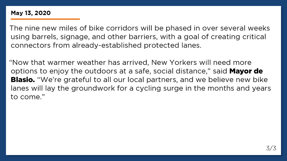 Tomorrow we're opening 12 more miles of Open Streets for New Yorkers to enjoy! We're ensuring residents have ways to get exercise while still practicing social distancing.