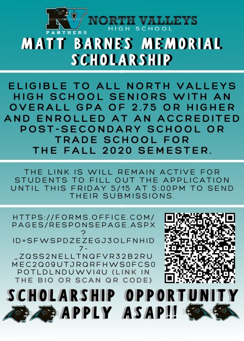 New scholarship opportunities for nvhs seniors!!! Make sure to get this filled out asap!! Only 11 short questions!!!
forms.office.com/Pages/Response…