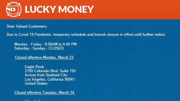 Luckymoneyusa's tweet photo. Great news! We have added Ilocos Sur and Cavite to the list of door to door service. Send money the easy way online or visit one our branches nearby https://t.co/5Y77PP7T6h  
#newhours #news #remittance #stayhealthy #staysafe #newnotice #helponeanother #helpothers #love https://t.co/SK86kGmpxS