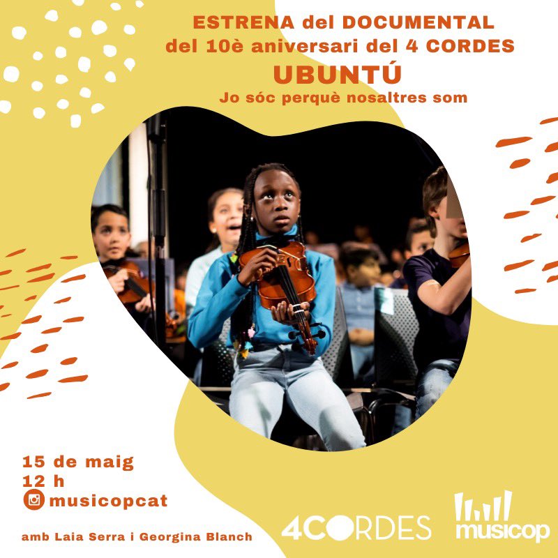 Aquest divendres a les 12h a l’Instagram de Musicop (@musicopcat) 𝗘𝗦𝗧𝗥𝗘𝗡𝗔 del documental del 𝟭𝟬𝗲̀ 𝗔𝗡𝗜𝗩𝗘𝗥𝗦𝗔𝗥𝗜 𝗱𝗲𝗹 <a href="/4cordes_musicop/">Projecte 4cordes</a>.