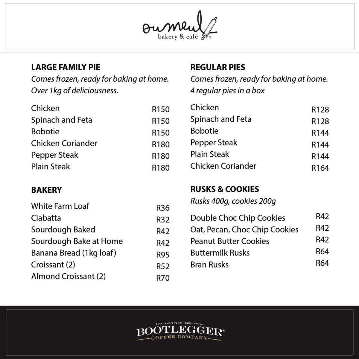 BootleggerCC's tweet photo. Pecan Tart and/or Quiche for R150 each. Order by 17h00 Friday 15 May. Delivery on Sunday.
Please note:
- Cape Town Only
- FREE Delivery
- Minimum orders of R500
- Whatsapp on +27781031781
#bootleggerathome #oumeulbakery https://t.co/4rKcUO9Adh
