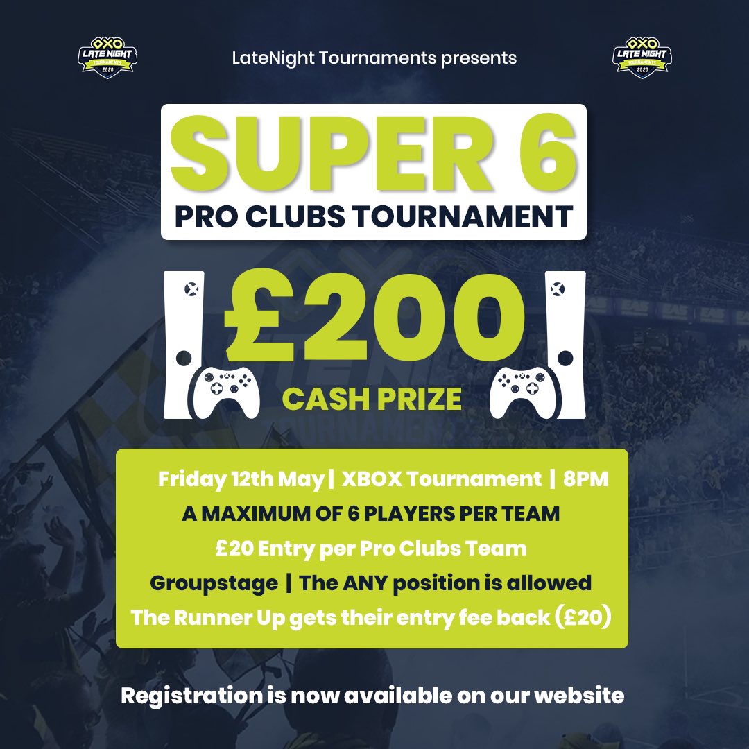 LNTournaments's tweet photo. Since our last SUPER 6 tournament sold out so quickly, we’re hosting another one on Friday!

SUPER 6 XBOX Pro Clubs Tournament. 

Maximum of 6 players. ANY is allowed. 

🥇£200
🥈£20

🎟£20 Entry split between your team

It’s a Group stage tournament. Registration now available. https://t.co/V283irSYki