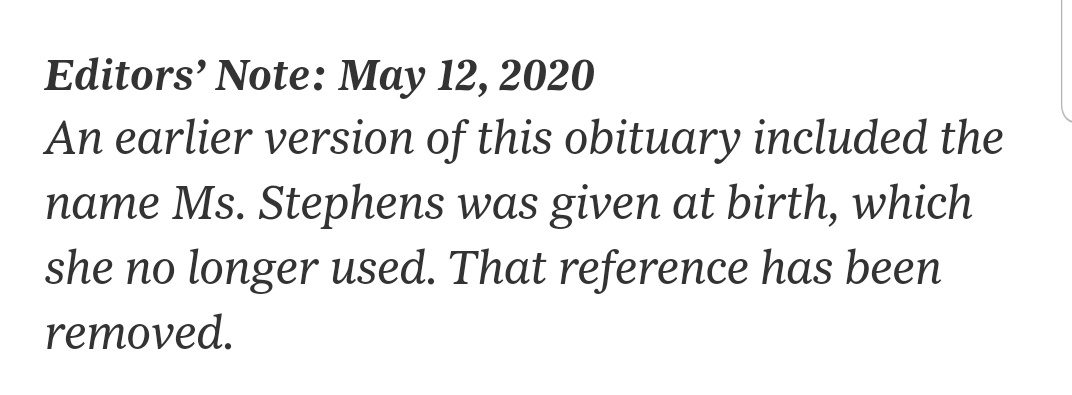 Im exhausted. The New York Times deadnamed Aimee Stephens in her own obit. They fixed it bc enough trans people made our trauma performative; that's the only way we can get attention. We're asking for basic human rights & correct names/pronouns. Why is that so damn hard?