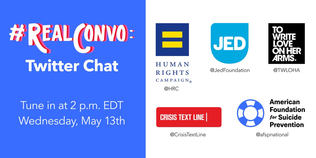afspnational's tweet photo. We're only 30 minutes out from our #RealConvo Twitter chat! Join us and @CrisisTextLine, @jedfoundation, @HRC and @TWLOHA as we share tips on how to have a real conversation with someone in your life! #MentalHealthAwarenessMonth https://t.co/mx92RoKPCu