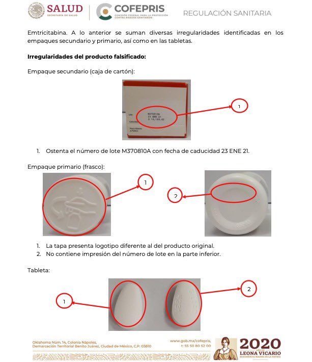 La <a href="/COFEPRIS/">COFEPRIS</a> emitió alerta santaria despues de investigar la FALSIFICACIÓN de un lote del antrirretrovirall ATRIPLA (tenofovir/emtricitavina/efeviren), el numero del lote es el M370810A con fecha de caducidad 21/01/2021. gob.mx/cms/uploads/at…