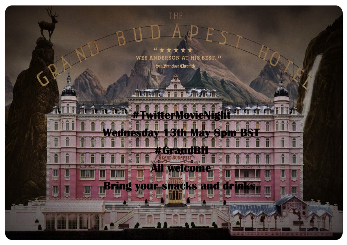 Don't forget  #TwitterMovieNight tonight. 'Grand Budapest Hotel' Join us at 20:00 sharp and don't forget the hashtag  #GBHotel  @MrEFinch  @EdRoundtables  @MrGPrimary  @EnterpriseSBox  @gazneedle  @bryngoodman  @alexbellars  @aly_sea  @_Steve_Bowers  @JamesWJCain  @deputygrocott all welcome