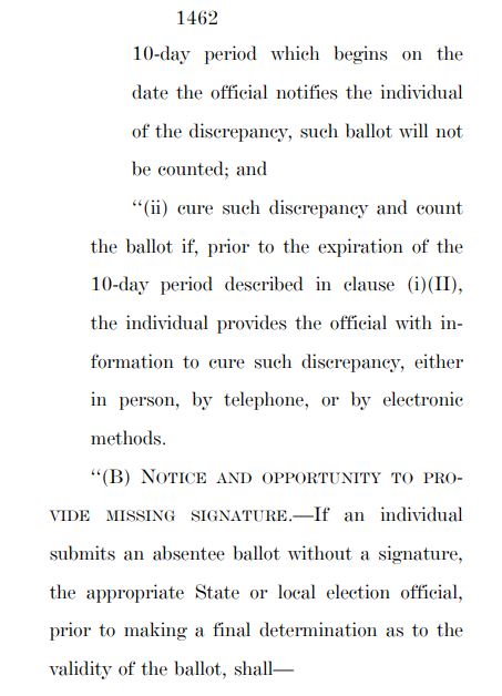 The new bill has signature verification only in states where it's already the lawBut poll workers couldn't reject ballots that have completely different signatures from their registrationsInstead 10 days would be given to try to "cure a discrepancy," even w/unsigned ballots