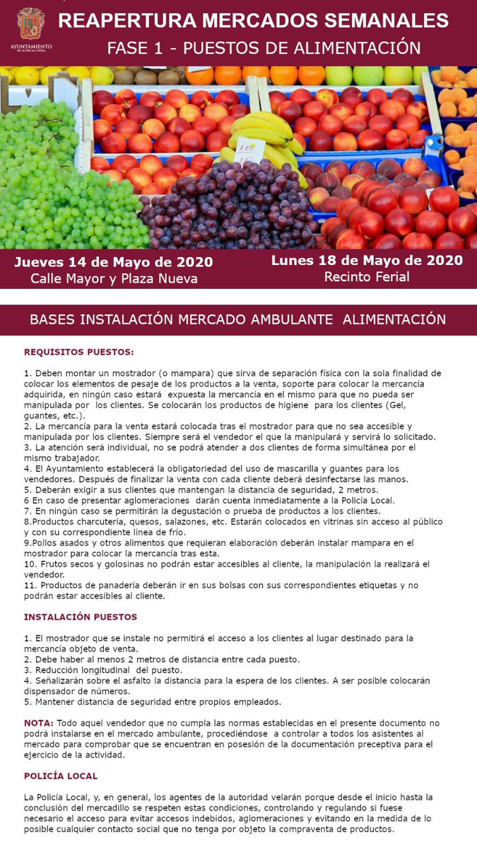 Reapertura de los Mercados Semanales, Fase 1 puestos de alimentación, el jueves 14 de mayo en Calle Mayor y Plaza Nueva y lunes 18 en el Recinto Ferial.

#HuércalOvera #MercadosSemanales