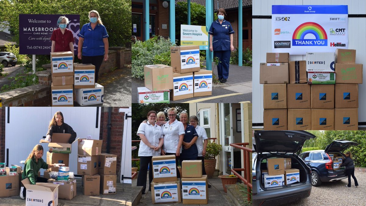 Our thanks to Dodd family members Karen, Imogen and Eloise for arranging donations of PPE from our generous suppliers <a href="/Helmangroup/">Helman group ltd</a>  <a href="/PHCParts/">PHC Parts</a> <a href="/bisonindustrial/">Bison Industrial</a> <a href="/toolarrest/">Tool@rrest</a> <a href="/CMTGroupUK/">CMT Group UK</a> and Swift 360  which they handed out to care homes and <a href="/severnhospice/">Severn Hospice</a> in Shropshire today.