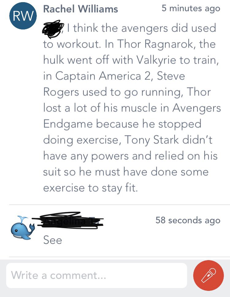 MissR_Williams's tweet photo. When your class has an avengers themed PE task and I am now in a debate about whether they actually did any physical training 😂 can any avengers help a teacher out in trying to convince 9 year olds to exercise remotely?! @ChrisEvans @chrishemsworth @RobertDowneyJr @MarkRuffalo https://t.co/P97kIHgbsP