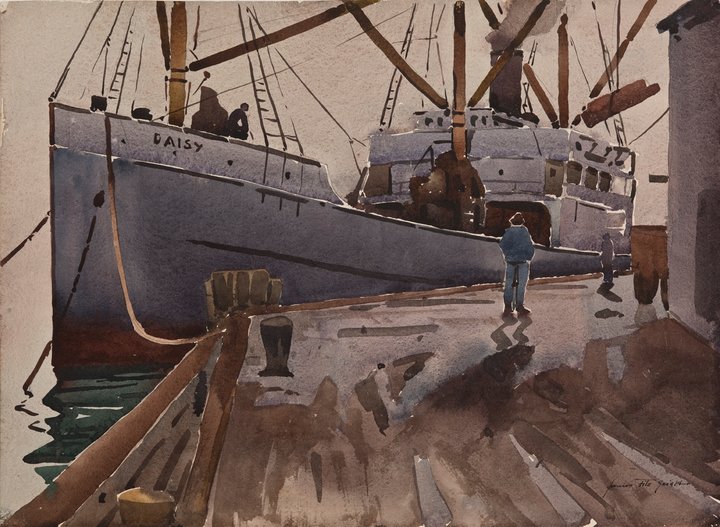 montereyart's tweet photo. In this watercolor, James Fitzgerald's "The Daisy", the vibrancy of the intersecting lines and shapes of the ship’s rigging contrasts with the undisturbed quiet of the dock. #VirtualMMA #CollectionHighlight #MuseumFromHome https://t.co/7o1DyJ1GIj