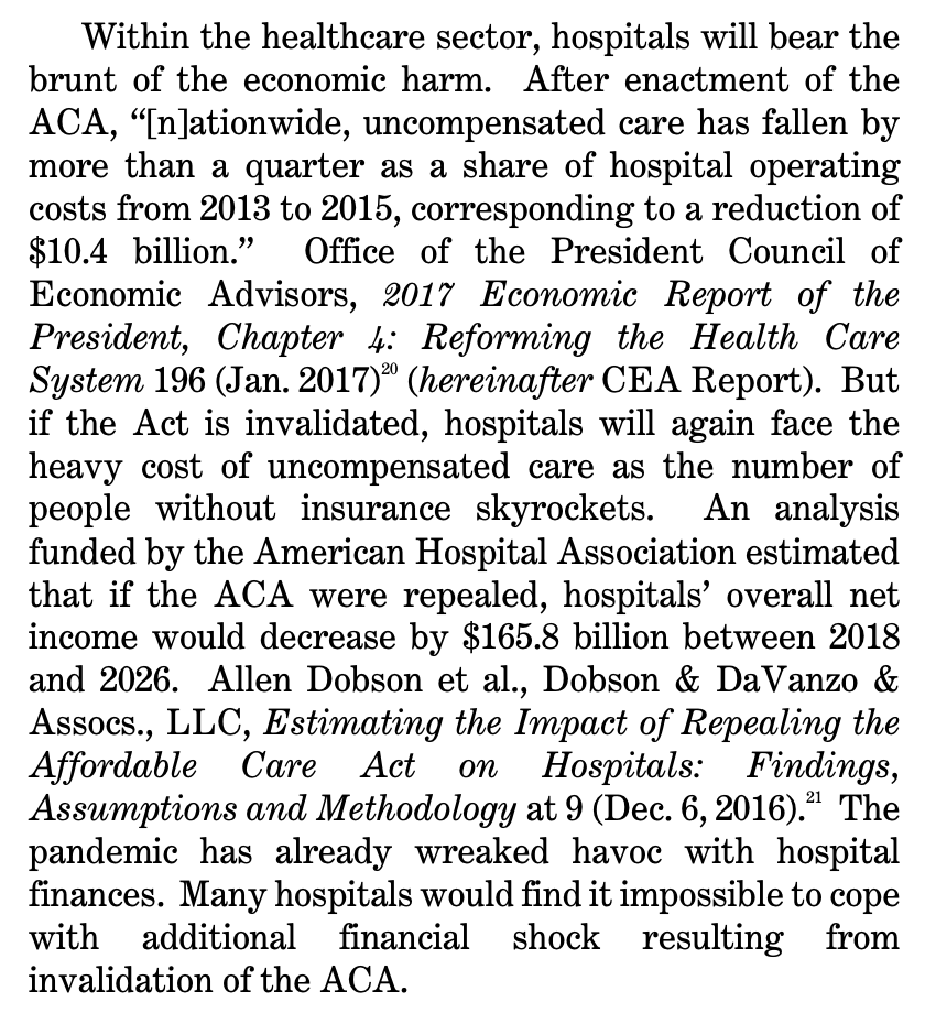 This brief from a bipartisan group of economists focuses on how an ACA invalidation will add to the financial hardships hospitals and states are already facing due to the pandemic  https://www.supremecourt.gov/DocketPDF/19/19-840/143413/20200513124155088_19-840%20tsac%20Bipartisan%20Economic%20Scholars.pdf