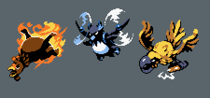 JoeCreates's tweet photo. 64x64, 3 colors each + b/w. Sillified legendary bird redesigns for @mnrart's #pokemon reskin challenge. #pixelart https://t.co/EgDpYEPeoF