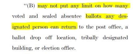 Democrat lawyers and lobbyists must have been satisfied with the original bill's provision on ballot harvestingIt's exactly the same. Both mandate ballot harvesting nationwide, even where it is illegalCampaign operatives can be paid, as long as it's not per vote they harvest