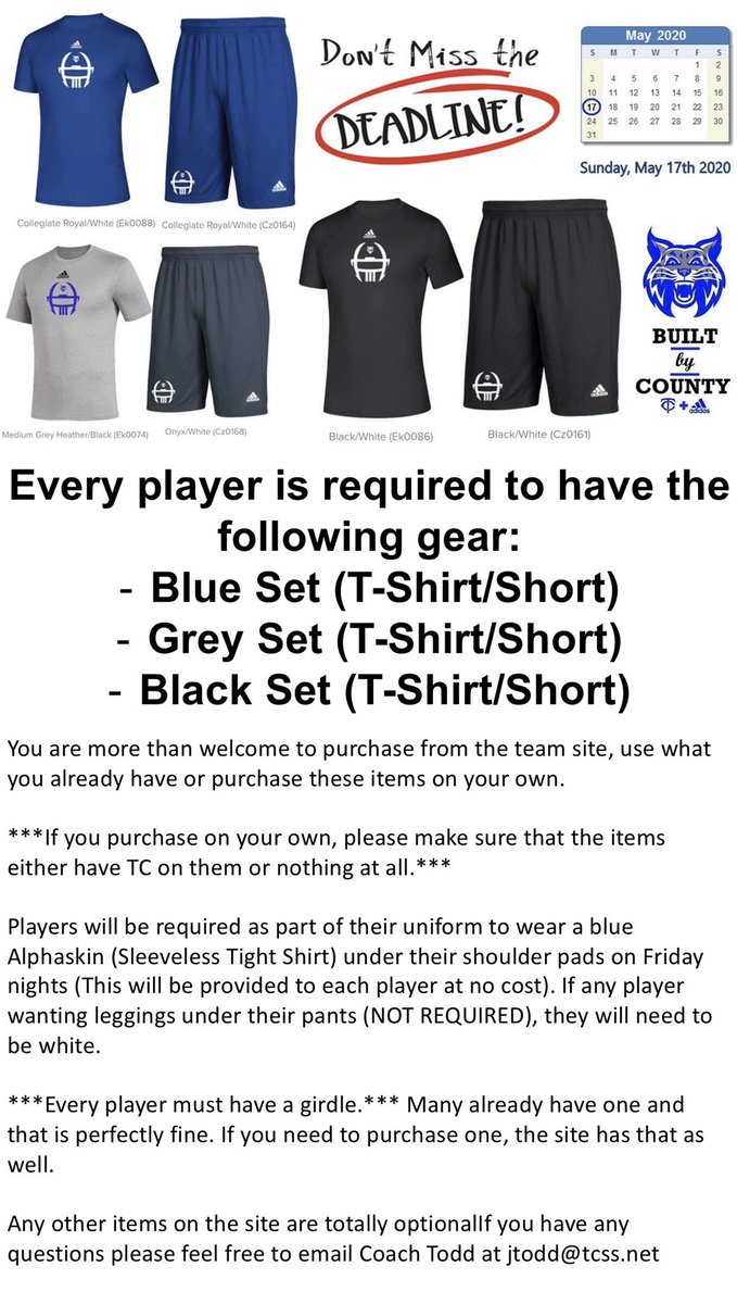 tcountyfootball's tweet photo. #SpiritPacks #DeadlineToOrder: Sunday, May 17
As many of you know, we have transitioned from Nike to Adidas.
Our spirit pack website is up ➡️ https://t.co/hy4KNOziYw
#GoOnline and #OrderNow - #Deadline to order is May 17, 2020 https://t.co/kd42bcu90J
