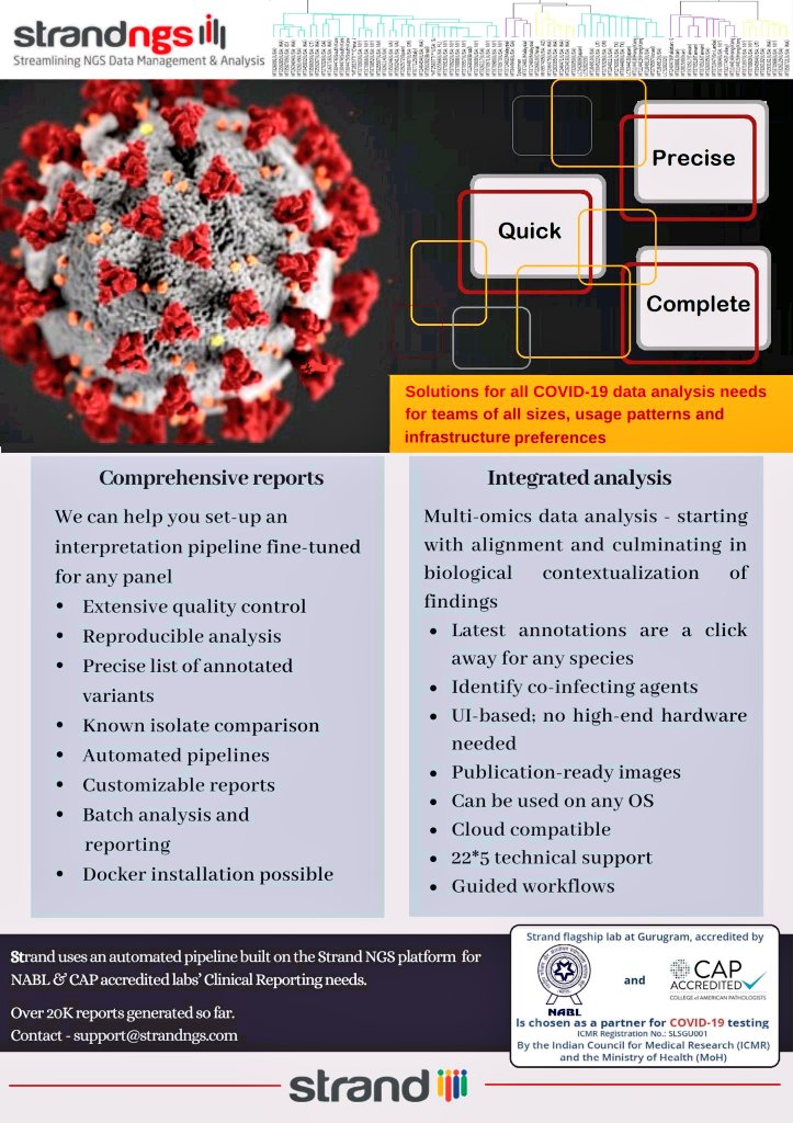 IndigiLabs's tweet photo. Analysing #COVID19 data now made easier with #StrandNGS. Check out our features now!
#SARSCoV2 #DataAnalytics #DataScience #ngs #coronavirus https://t.co/5R09Py4XWU #COVID19 @strandngs