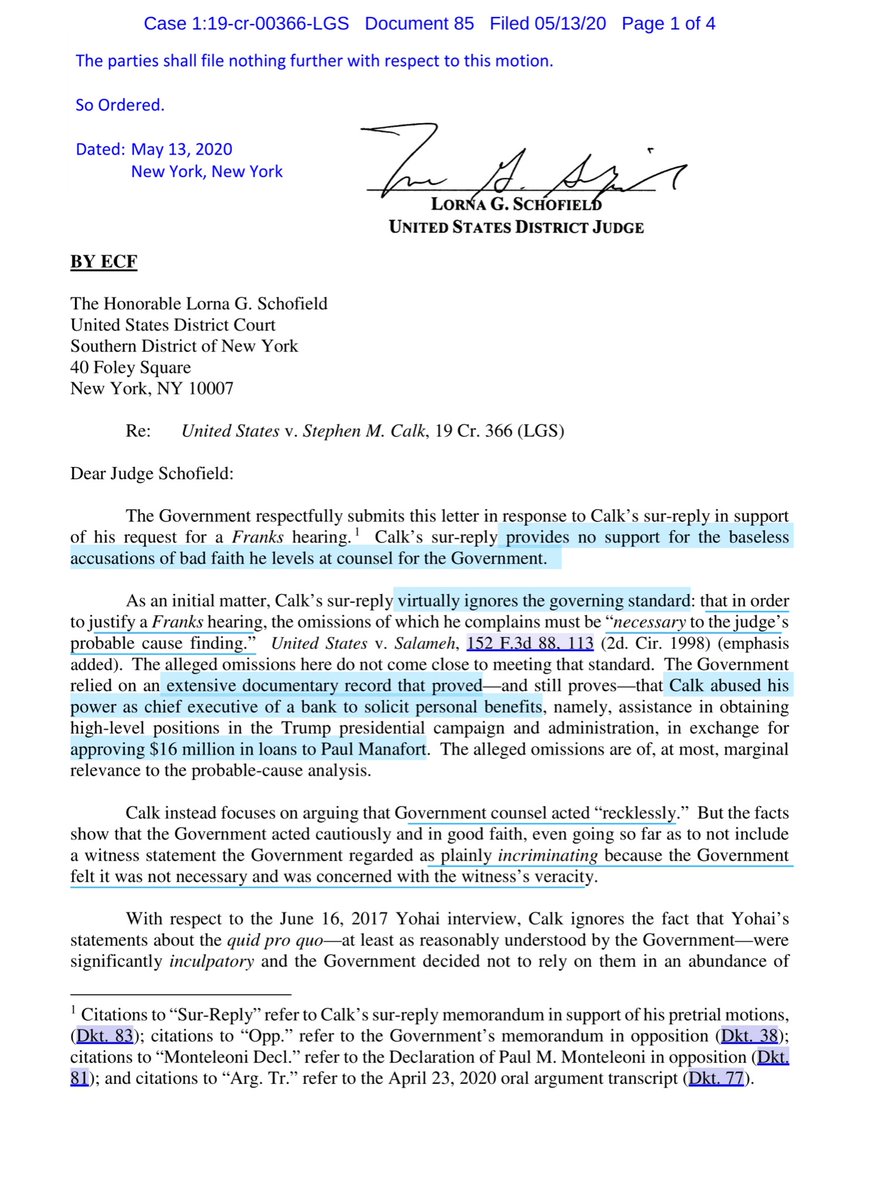 The chance AG Barf may have inappropriately interfered was an over reaching on my partCourt Agreed with Govt that Calk failed:“justify a Franks hearing, the omissions of which he complains must be “necessary to the judge’s probable cause finding.”  https://ecf.nysd.uscourts.gov/doc1/127026880043?caseid=516086