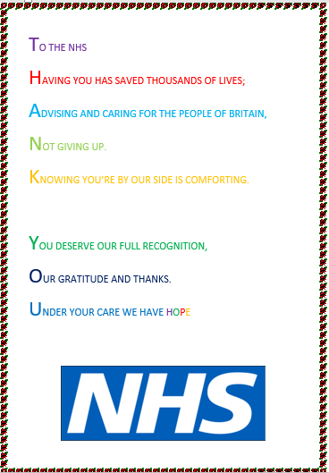 AHTSPCEDS's tweet photo. What an amazing acrostic poem written by Harry @Y6SPCEDS for Mrs Mulley's @SPCEDS NHS Challenge! Great and thoughtful work to appreciate how wonderful our NHS are #NHSThankYou #NHSChallenge https://t.co/oMQdNvlzEY