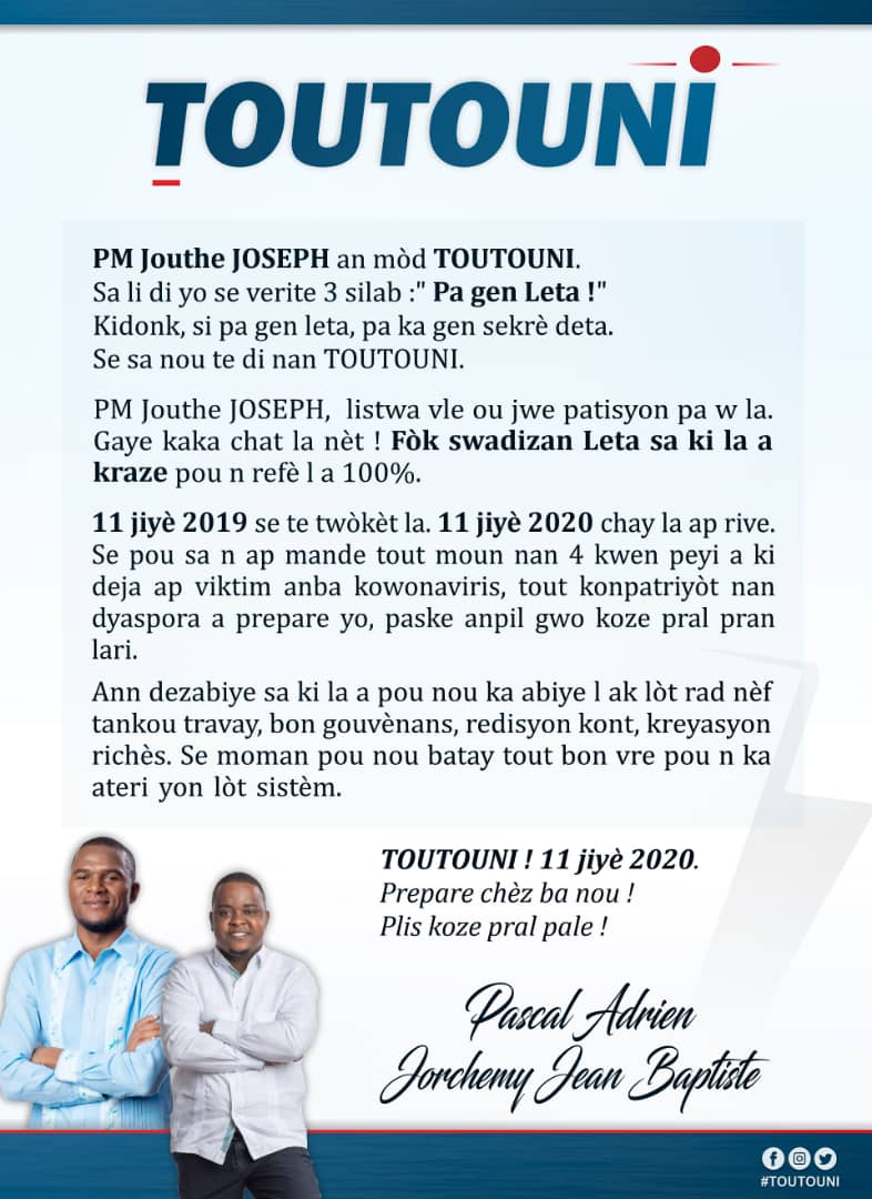 Stanleylucas01's tweet photo. #PascalAdrien ak #JorchemyJeanBaptiste ki te nan tantativ koudeta Ceant ki te echwe le 18 Mas 2019 a travè yon vòt revokasyon chanm depite #Haiti sanble wè nan deklarasyon Premye Minis Jouthe #Haiti yon opòtinite bay kou ankò. Sa yo pa konnen PM nan jwui de konfyans Prezidan an. https://t.co/KoZKrtHqR6