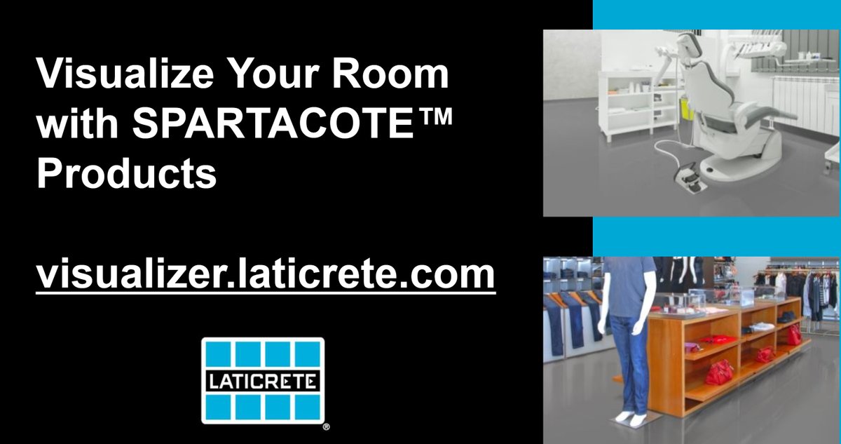 LATICRETE's tweet photo. Wonder what your resinous floor coating could look like before you install it? Use this online tool > https://t.co/DBG7H3xUFl
to preview what spaces will look like with your selected #SPARTACOTE system & color scheme.
#laticrete #resinousflooring #resinousfloor #floorcoating https://t.co/zPRcWYFzk2