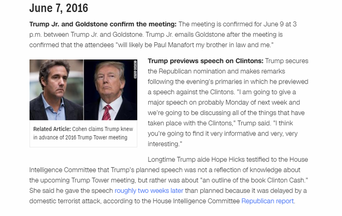 12) On June 7, 2016 Donald Trump Jr. confirmed a meeting with himself, Paul Manafort and Jared Kushner for June 9th in Trump tower. https://www.cnn.com/2018/07/31/politics/trump-tower-meeting-timeline/index.html